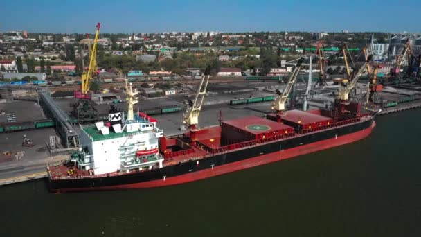 Letecký pohled z ptačí perspektivy na nákladní loď pro přepravu obilí a volně loženého nákladu. Loď stojí u mola. — Stock video