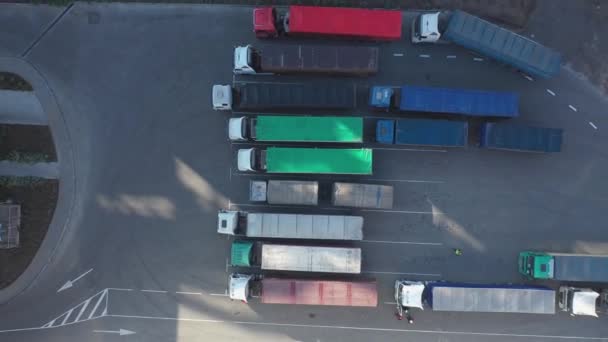 Nice Top View Lot Trucks Grain Trailers Waiting Unload Goods — Stock Video