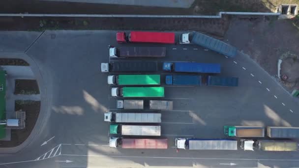 Nice Top View Lot Trucks Grain Trailers Waiting Unload Goods — Stock Video