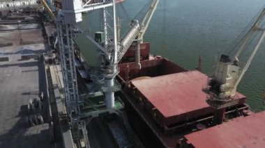  Bir kargo gemisine tahıl yüklüyorlar. Taşıyıcı bant makinesiyle deniz yoluyla taşınmak için. Gemi limanda buğdayla dolu. Buğday ihracatı. Deniz ihracatı. Tarım