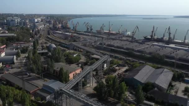 Seehafen. Verladen des Schiffes am Liegeplatz. Die Kamera fliegt zum Schiff, während sie Getreide verlädt. Vogelperspektive. Luftaufnahme — Stockvideo