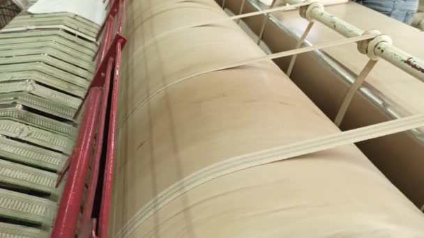 En una lavandería industrial, una gran prensa de tambor para planchar la ropa está girando. primer plano — Vídeo de stock