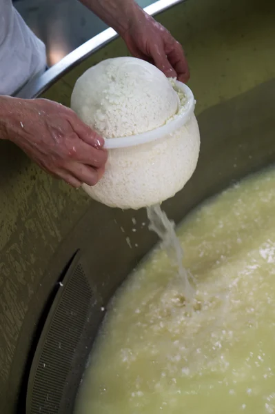Cheesemaker boiling milk into the mixing pot for making cheese — Stock Photo, Image
