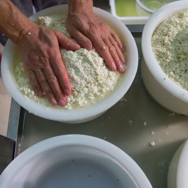 Cheesemaker süt peynir yapmak için karıştırma pota kaynar
