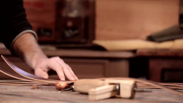 Kožené zboží řemeslníky při práci ve své dílně, Francie — Stock video