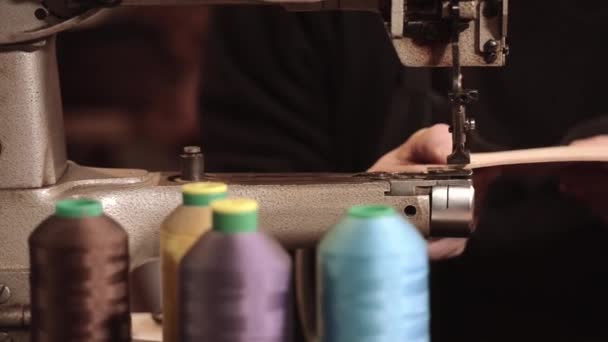 Lederen goederen ambachtsman op het werk in zijn werkplaats, Frankrijk — Stockvideo