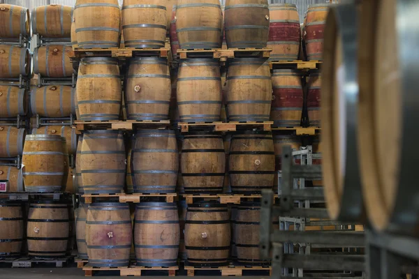 Wine barrels stacked in cellar, Bordeaux Vineyard — Stock Photo, Image