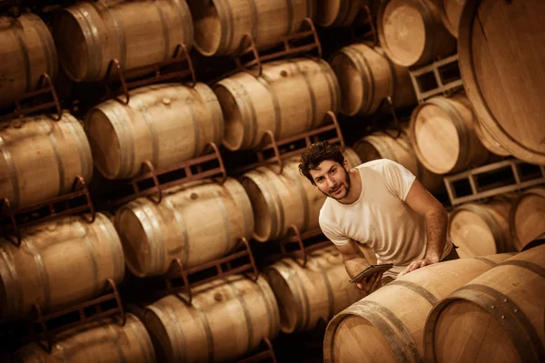 Winemaker counting the barrels with tablet in a large storage — Stock Photo, Image