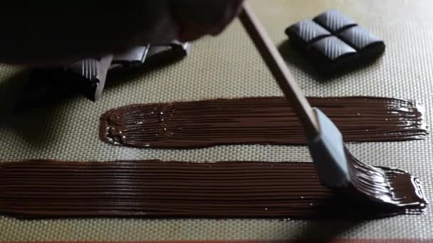 Gebak in zijn atelier bereiden chocolade Yule logboeken — Stockvideo