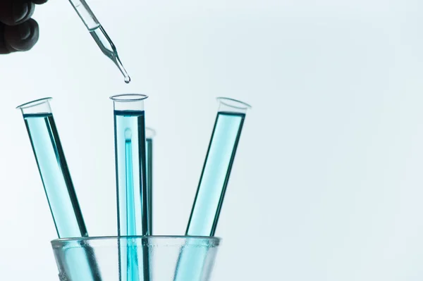 Flüssigkeitstropfen von der Laborglaspipette in das Reagenzglas — Stockfoto