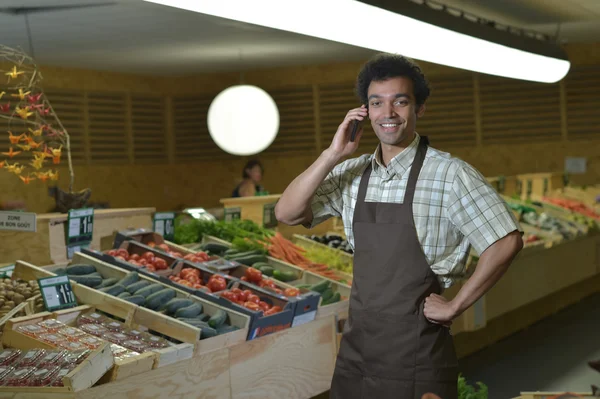 Grocery clerk phoning in produce aisle of supermarket store