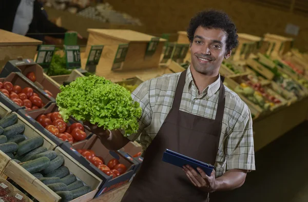 Mitarbeiter im Lebensmittelgeschäft liest Inventarliste auf digitalem Tablet — Stockfoto