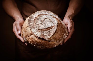 Baker adam yuvarlak ekmek tutan