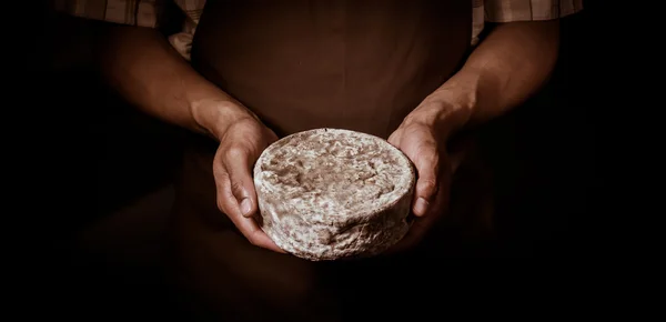 A kezében egy cheesemaker francia tomme sajt — Stock Fotó