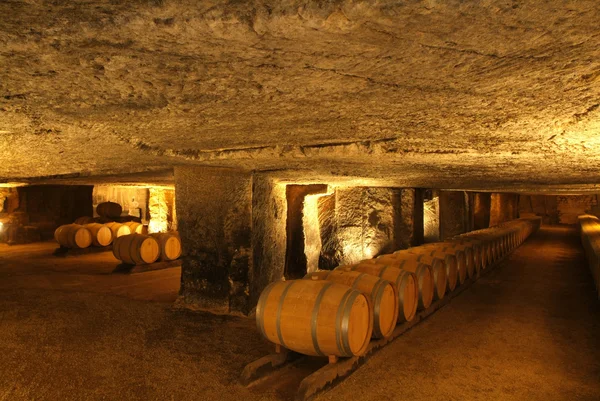 Barris de vinho na adega. — Fotografia de Stock