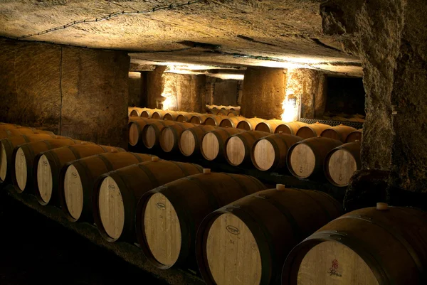 Tonneaux de vin dans la cave. — Photo