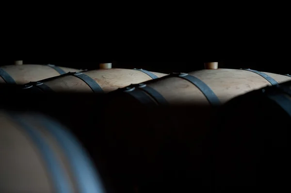 Підземний винний льох, дерев'яні бочки, зберігання пляшок , — стокове фото