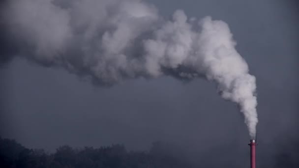 Doğadaki hava kirliliği, mavi gökyüzündeki bacadan çıkan endüstriyel duman. — Stok video