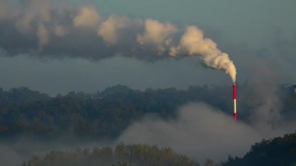 Pollution de l'air dans la nature, Fumée industrielle de la cheminée sur ciel bleu — Video