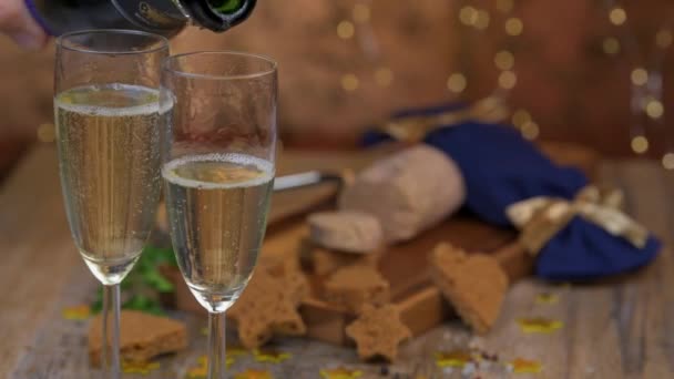 Christmas, new year celebration, champaign, foie gras toast, french gastronomy — Stock Video