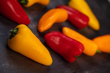 Çeşitli olgun, çok renkli bebek biberleri, kırmızı, turuncu ve sarı