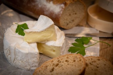 Ahşap arka planda Camembert peyniri.