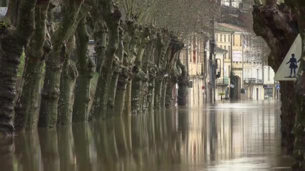 フランス、ラ・ローレ、 2021年2月4日、ガロンヌ川は大雨、洪水、ラ・ローレの家や通りの後に銀行を溢れさせた。 — ストック動画