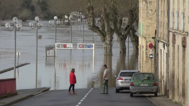 Франція, Ла Реоль, 4 лютого 2021 року, річка Гаронн вийшла з берегів після сильної зливи, затопила будинки і вулиці в Ла-Реолі. — стокове відео