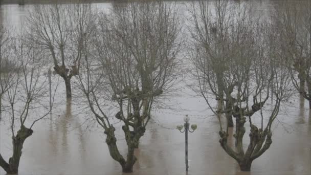 Fransa, La Reole, 4 Şubat 2021, Garonne Nehri şiddetli yağış sonrası taşmış, La Reole 'deki evleri ve sokakları sular altında bırakmıştı. — Stok video