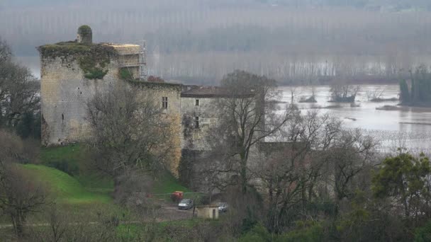 Bordeaux Vineyard, Řeka Garonne přetékala břehy po silných deštích, Entre deux mers, Langoiran, Gironde, Francie — Stock video