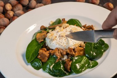 Haşlanmış yumurta tarifi, siyah çay, bıçakla kesilmiş, sıcak mantar salatası.