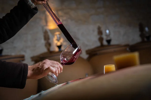 FRANCE, GIRONDE, SAINT-EMILION, SAMPLING A GLASS OF WINE IN A BARREL WITH A PIPETTE FOR TASTING AND VINIFICATION MONITORING — Stock Photo, Image