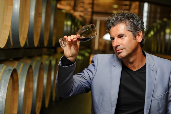 Tourism - Man tasting wine in a cellar-Winemaker — Stock Photo, Image