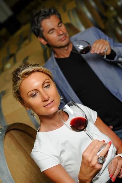 Tourism - Couple tasting wine in a cellar — Stock Photo, Image