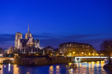 Fransa, Paris, ışıklı Notre Dame de Paris Seine görülen bir