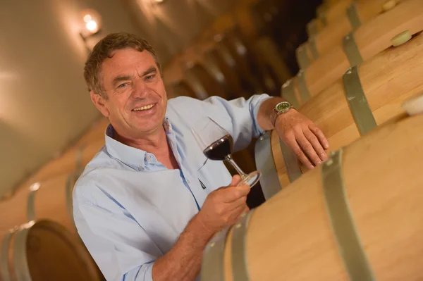 Mann Weinprobe im Keller, Saint-Emilion, Bordeaux-Weinberg, fr — Stockfoto