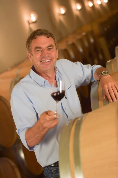 Man tasting wine in cellar, Saint-Emilion, Bordeaux Wineyard, Fr. — Fotografia de Stock