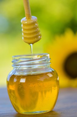 Tatlım kaşık bir cam kaseye damlayan bal