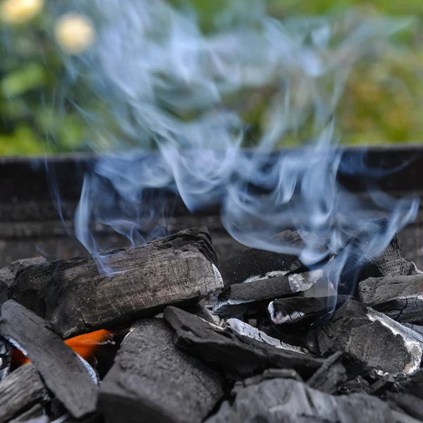 Brûler le charbon sur le gril du barbecue — Photo