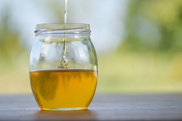 Miel égouttant une cuillère à miel dans un bol en verre — Photo