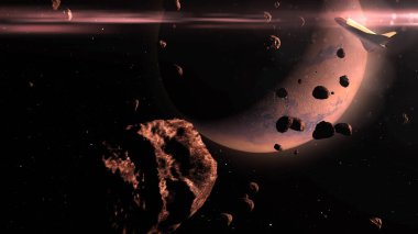 3D görüntüleme, uzay mekiği Mars 'ın yörüngesinde asteroitlerle dönüyor.