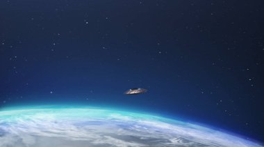 3D görüntüleme, Uzaylı uzay gemisi UFO Dünya atmosferinin üzerinde uçuyor.