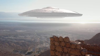 3D görüntüleme, deniz ve çöl dağları üzerinde büyük bir UFO dairesi.