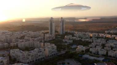 3D görüntüleme, Ufo uçan daire Altın Saat 'te şehre yakın. 
