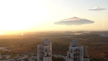 3D görüntüleme, Ufo uçan daire Altın Saat 'te şehre yakın. 