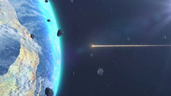 Renderowania Asteroids Meteory Skały Wpływ Atmosfery Ziemi — Zdjęcie stockowe