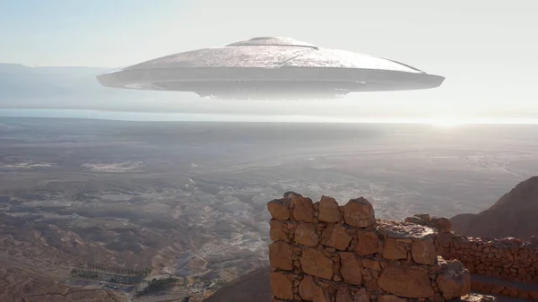 Darstellung Große Alien Ufo Untertasse Über Meer Und Wüste Antenne — Stockfoto