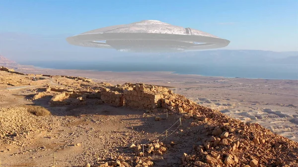 3D görüntüleme, deniz ve çöl dağları üzerinde büyük bir UFO dairesi.