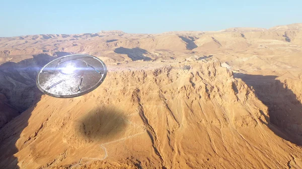 3d rendering,Alien Ufo Saucer over Ancient City in the desert- AerialDrone view over Masada close to dead sea in Israel,