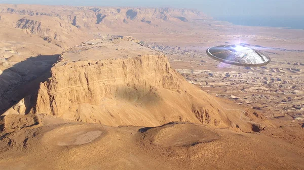 3d rendering,Alien Ufo Saucer over Ancient City in the desert- AerialDrone view over Masada close to dead sea in Israel,